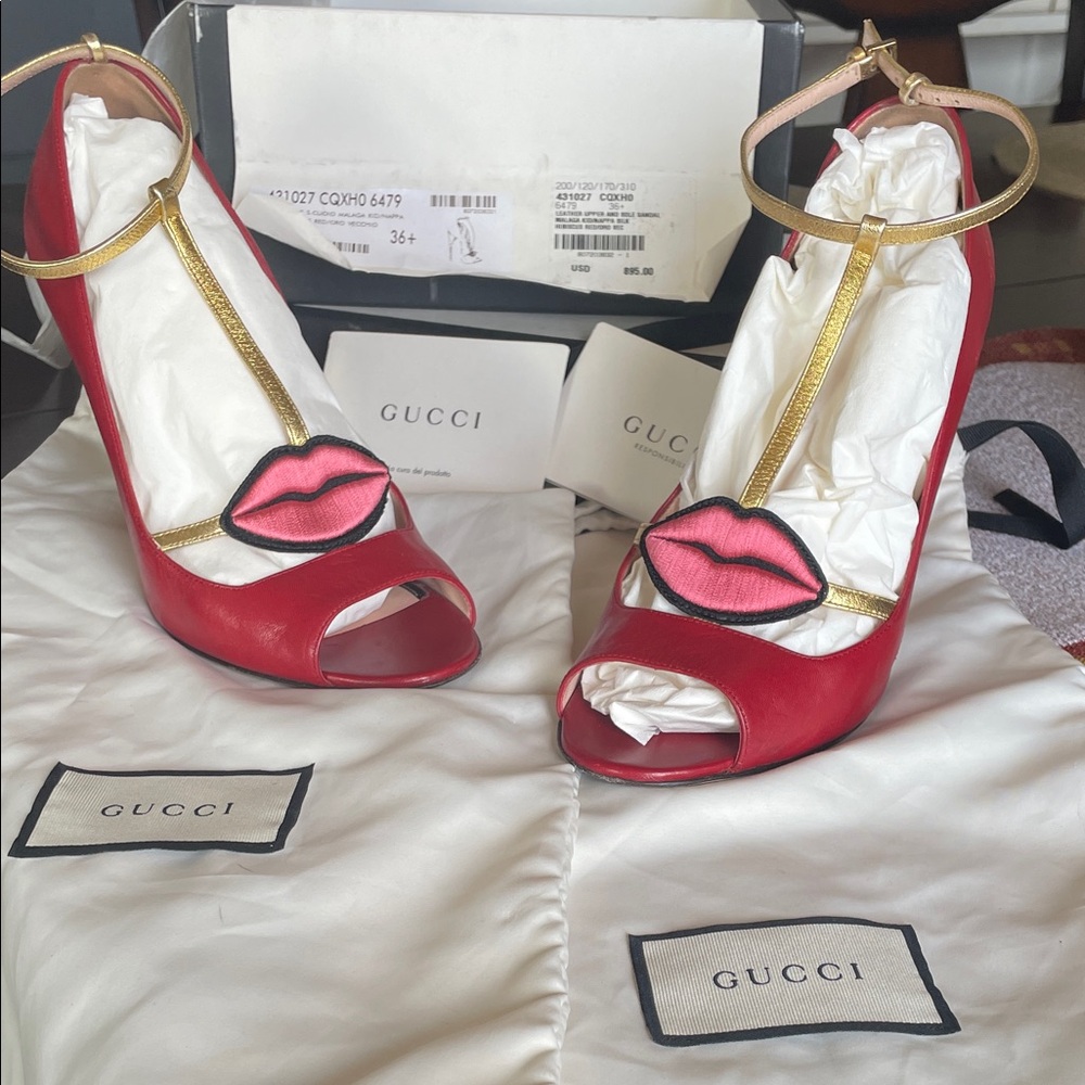 Gucci Red and Gold Lip Detail Heels